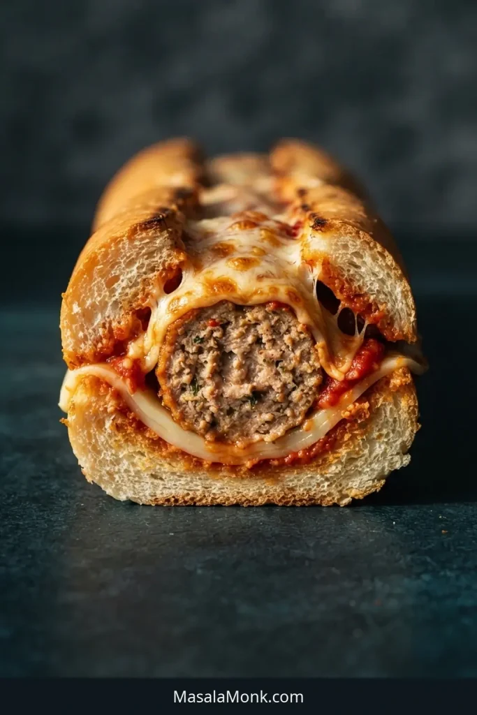 End-on cross-section of a meatball sub showing toasted bread, provolone, a cut meatball, red marinara, and melted mozzarella in layers.