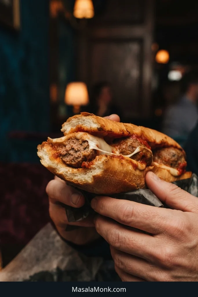 Hand holding a bitten meatball sub with exposed meatball interior, marinara, and melted cheese while the remaining filling stays in the roll.