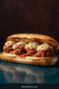 Finished meatball sub in a golden hoagie roll with four marinara-coated meatballs, provolone underneath, and lightly browned mozzarella on top.