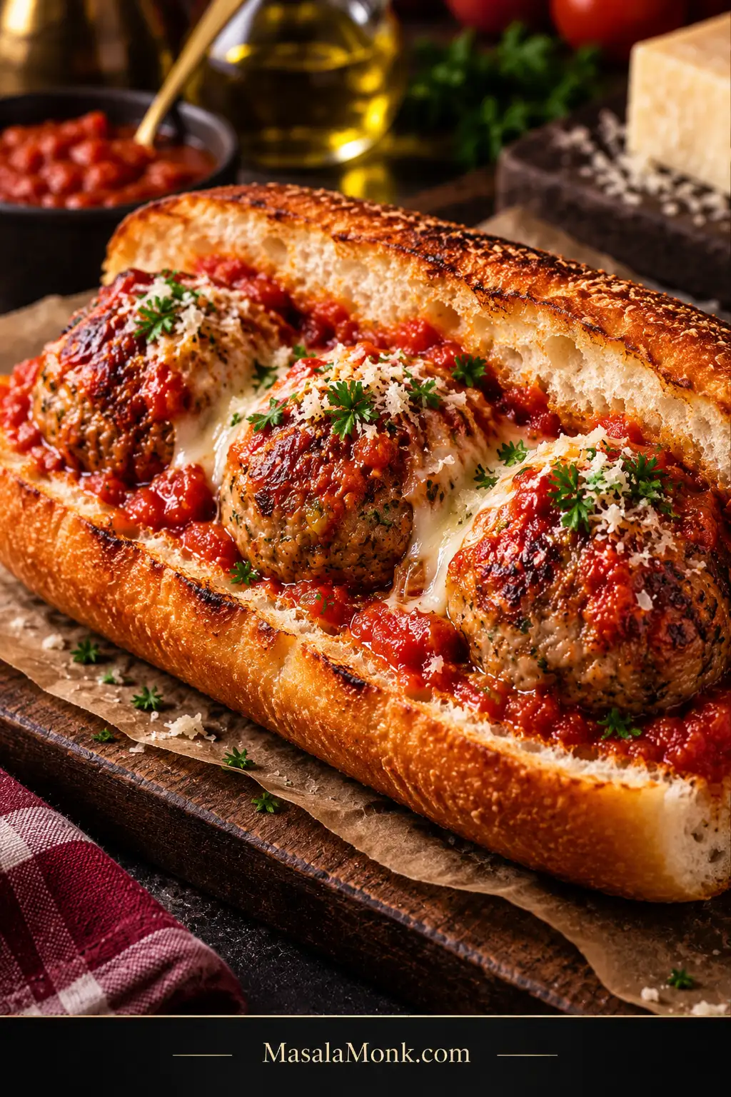 Toasted split roll filled with three baked beef meatballs, marinara and melted cheese, finished with a little grated Parmesan and parsley.