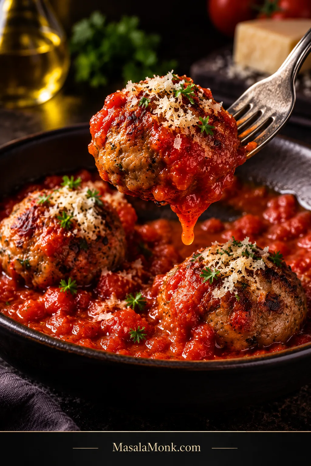 Fork lifting a baked meatball partly coated in chunky red marinara above more sauced meatballs, finished lightly with Parmesan and parsley.