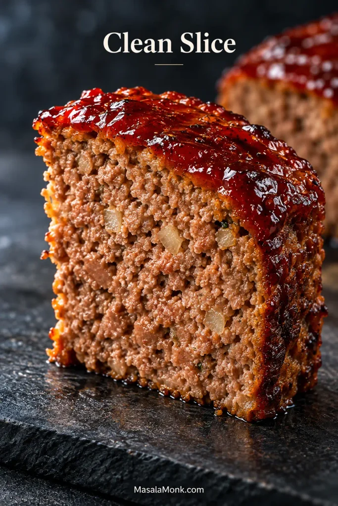 Thick upright slice of glazed meatloaf with a moist, coarse brown interior, small softened onion pieces and a browned outer edge.