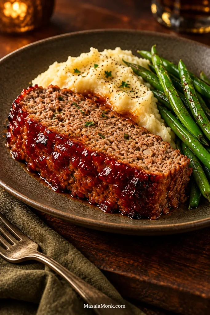 Thick glazed meatloaf slice served with creamy mashed potatoes and glossy green beans on a dark dinner plate.