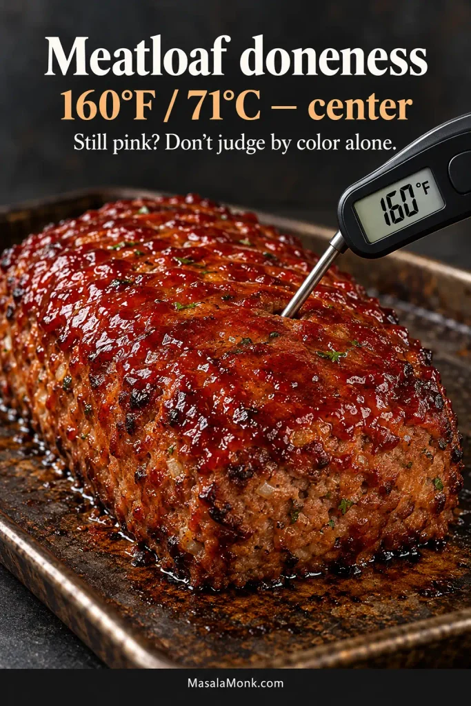 Instant-read thermometer inserted at an angle into the thickest center of an intact glazed meatloaf, with the display reading 160°F.