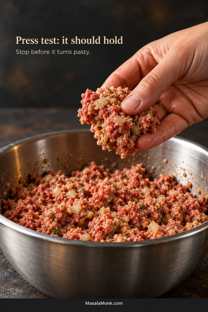 Hand gently pressing a small portion of raw meatloaf mixture above a mixing bowl; the mixture holds together while remaining coarse and loosely textured.