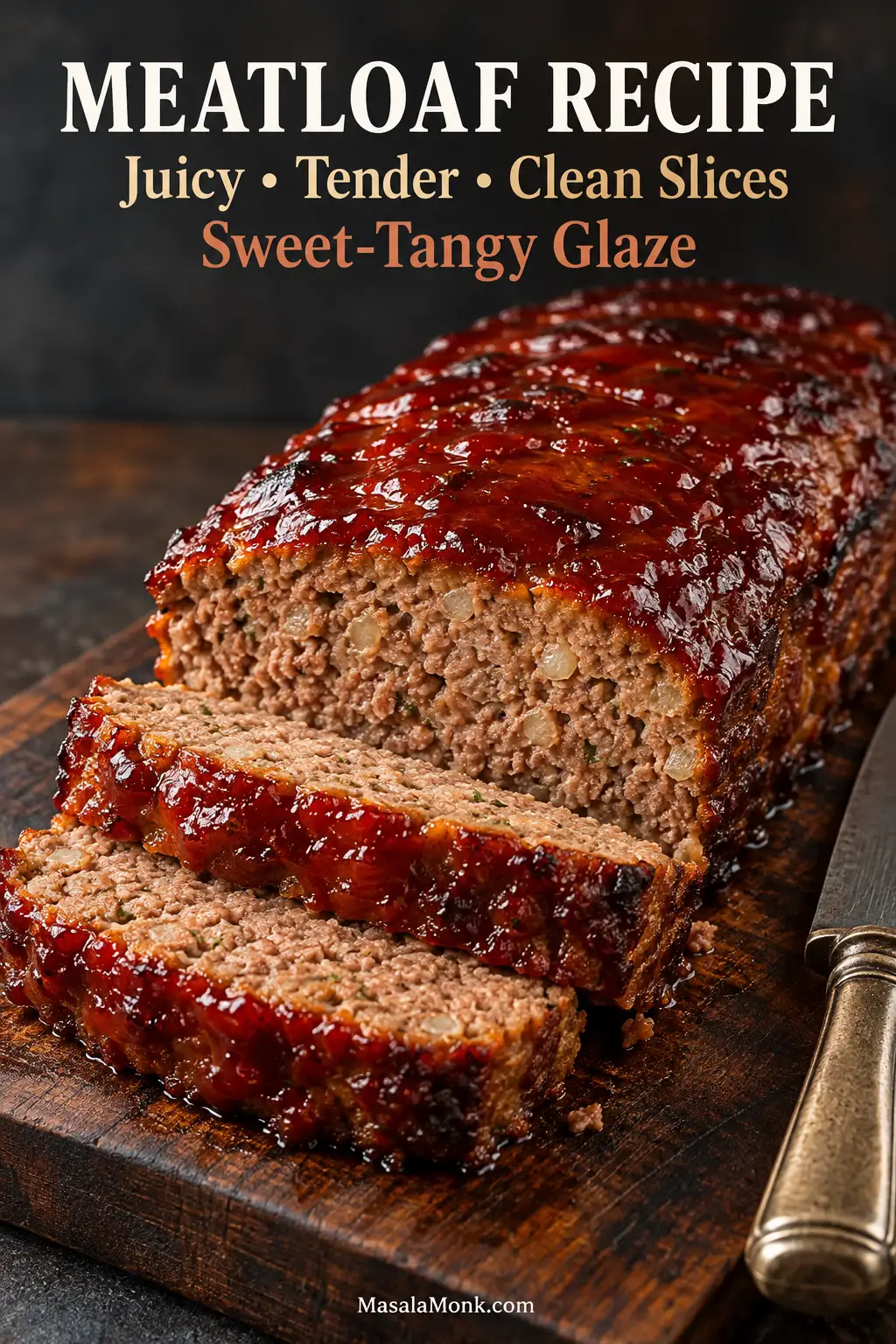 Whole glazed meatloaf on a dark wooden board with two thick slices cut from one end, showing a fully cooked brown interior and glossy red-brown glaze.
