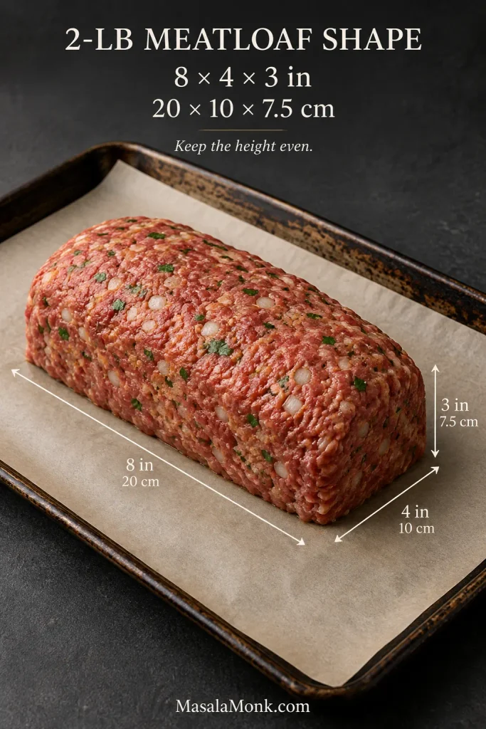 Raw free-form 2-pound meatloaf on parchment in a rimmed baking sheet with dimension markers showing about 8 inches long, 4 inches wide and 3 inches tall.