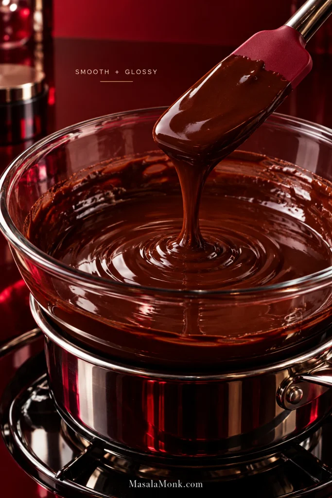Clear glass bowl of melted chocolate and butter with a smooth glossy surface and a spatula resting in the mixture.