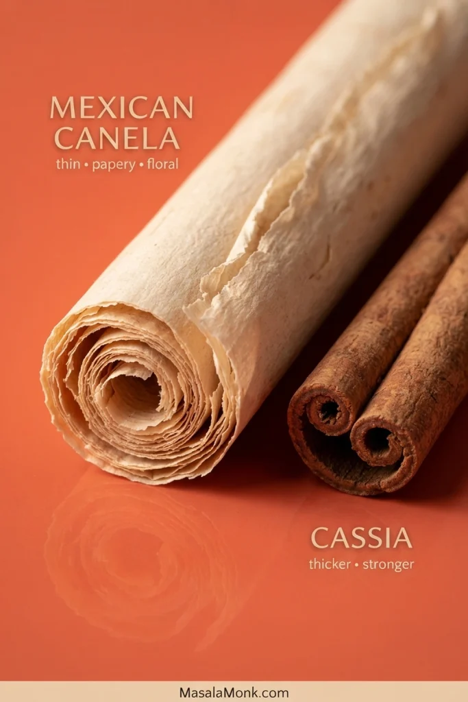 Close-up of pale, many-layered Mexican canela beside a darker cinnamon stick with a thick cassia bark wall.