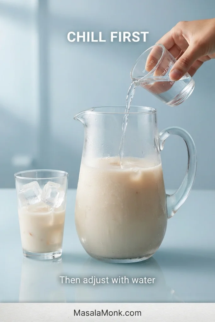 Small measuring glass of clear water being poured into a chilled pitcher of horchata, with an iced serving glass nearby.