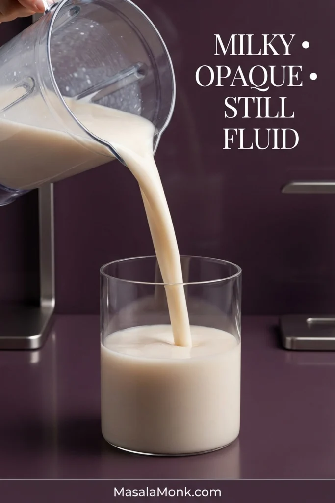 Opaque warm-white blended rice mixture pouring from a transparent blender jug into a clear vessel against a plum background.