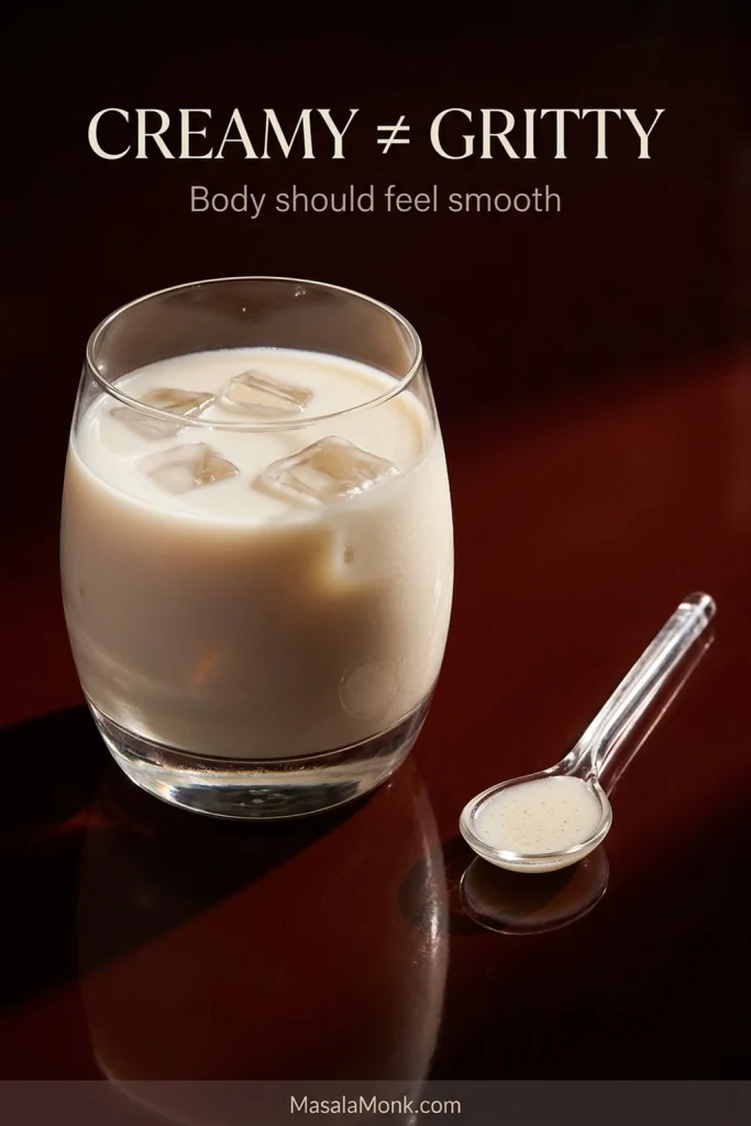 Large glass of smooth iced horchata beside a small sample showing fine pale rice particles for a creamy-versus-gritty comparison.