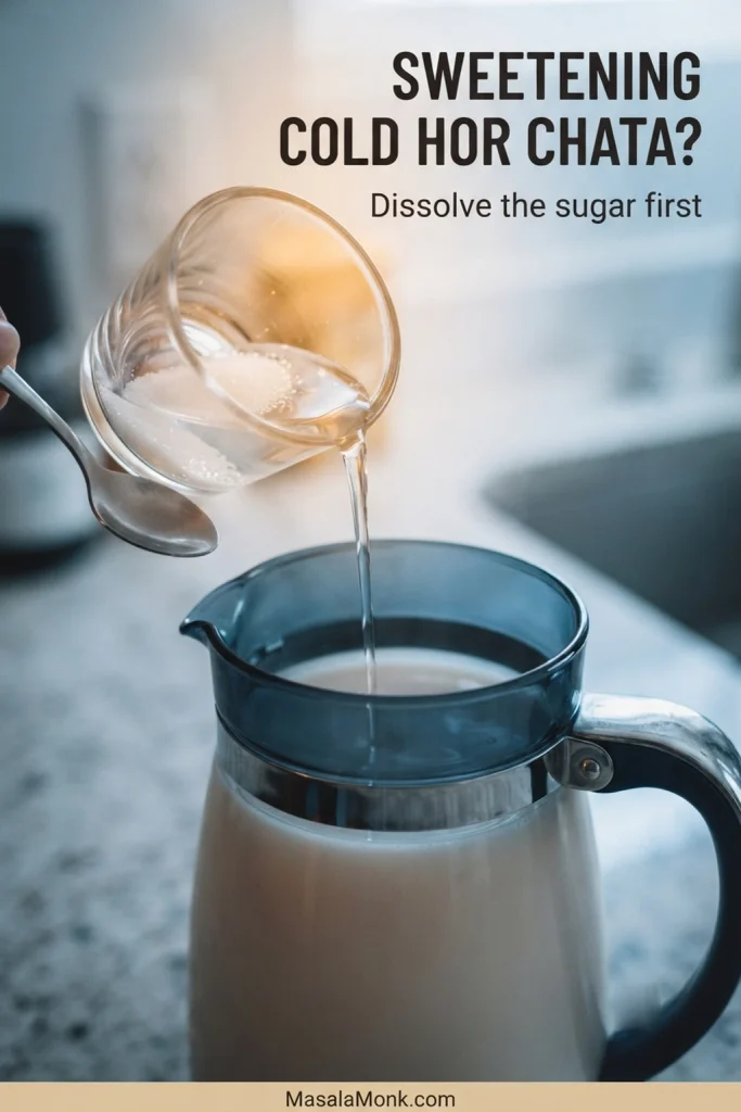 Clear sugar solution pouring from a small glass into a chilled pitcher of horchata, with a spoon and a few dissolving sugar crystals visible.