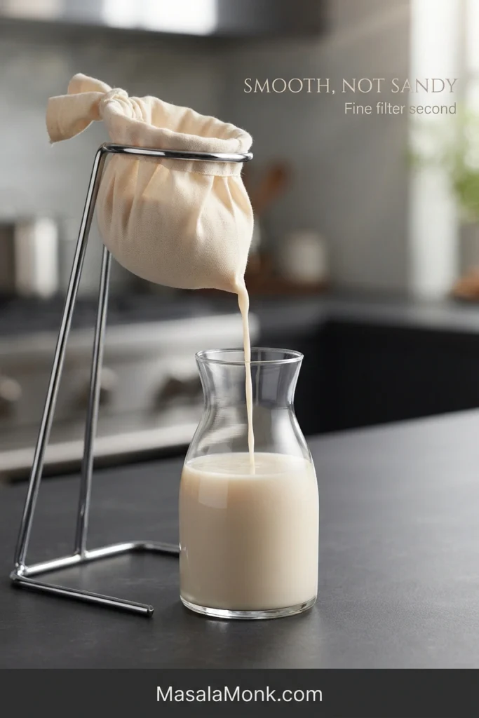 Warm-white horchata draining through a supported fine cloth filter into a clear glass vessel.