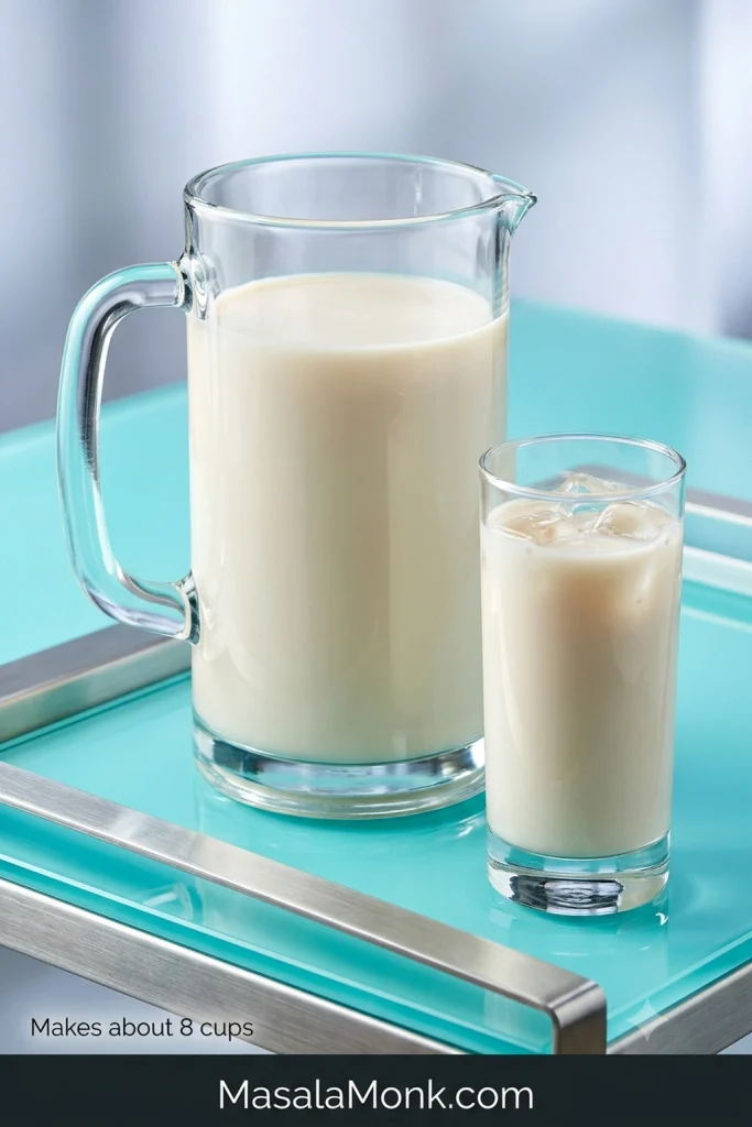 Clear pitcher filled with warm-white horchata beside a glass of horchata served over clear ice against a bright aqua background.