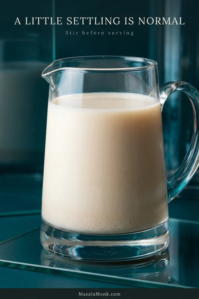 Clear chilled pitcher of warm-white horchata with a thin pale layer of soft sediment settled along the bottom.
