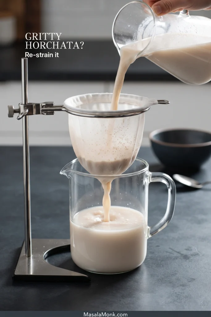 Warm-white horchata being passed through a fine cloth filter again into a clear pitcher to remove remaining fine rice grit.