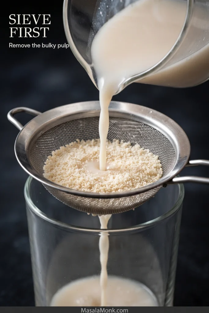 Milky blended rice liquid passing through a fine metal sieve coated with a thin layer of damp coarse ground-rice pulp.