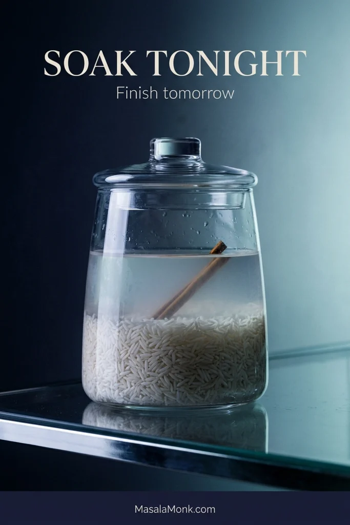 Covered glass bowl of raw long-grain rice and a thin canela quill soaking in cloudy water against a dark-to-light background suggesting an overnight soak.