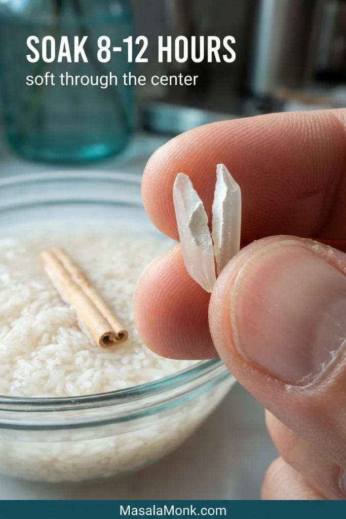 Fingertips splitting a softened soaked long-grain rice kernel above raw rice soaking in cloudy water with a thin canela quill.