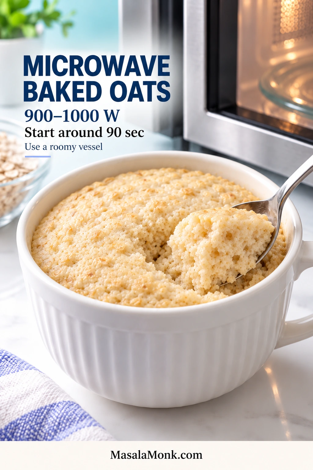 Pale microwave baked oats in a roomy white mug beside an open microwave, with a spoon showing the soft, fully set cake-like crumb.