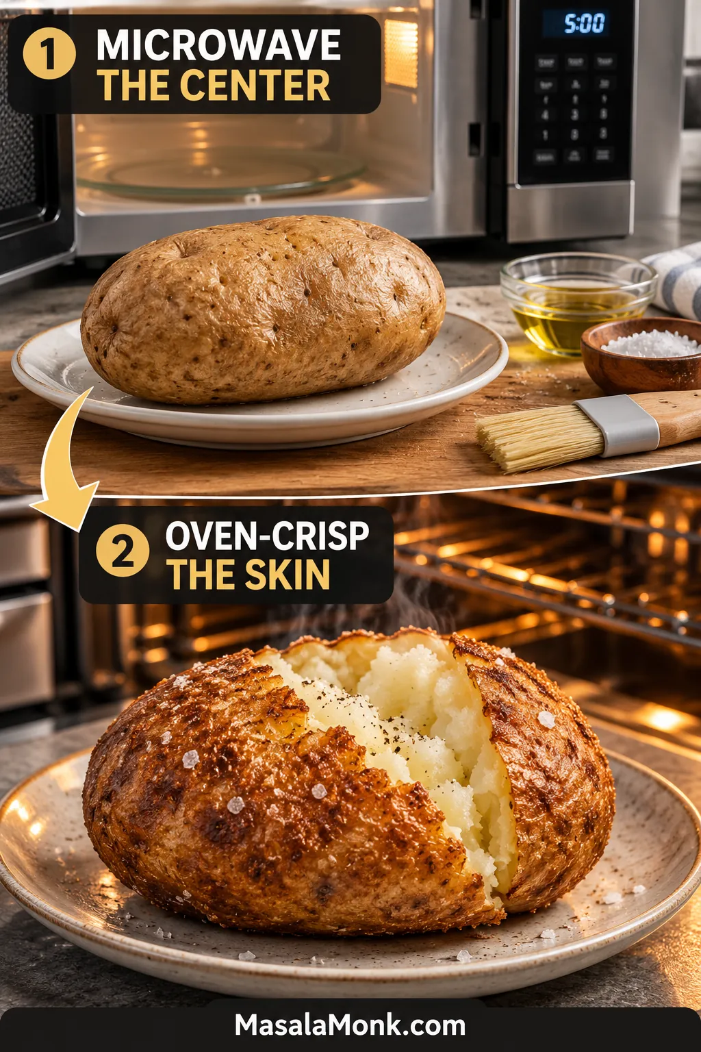 Two-stage baked potato method showing a whole microwaved Russet first and a browned, crisp, fluffy oven-finished potato afterward.