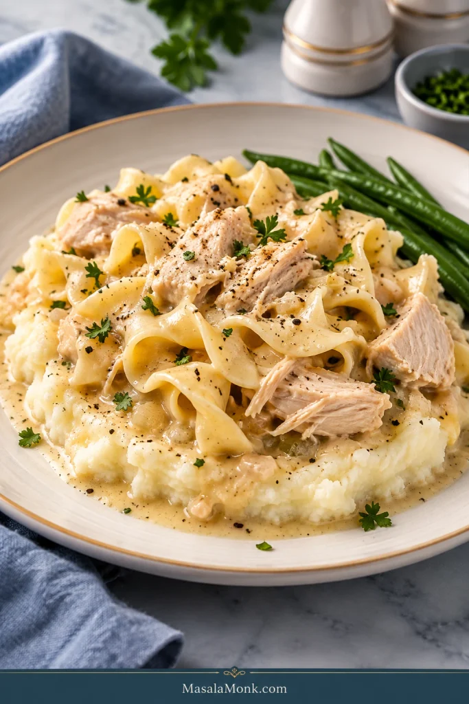 Creamy chicken and wide egg noodles spooned over mashed potatoes with green beans on the side.