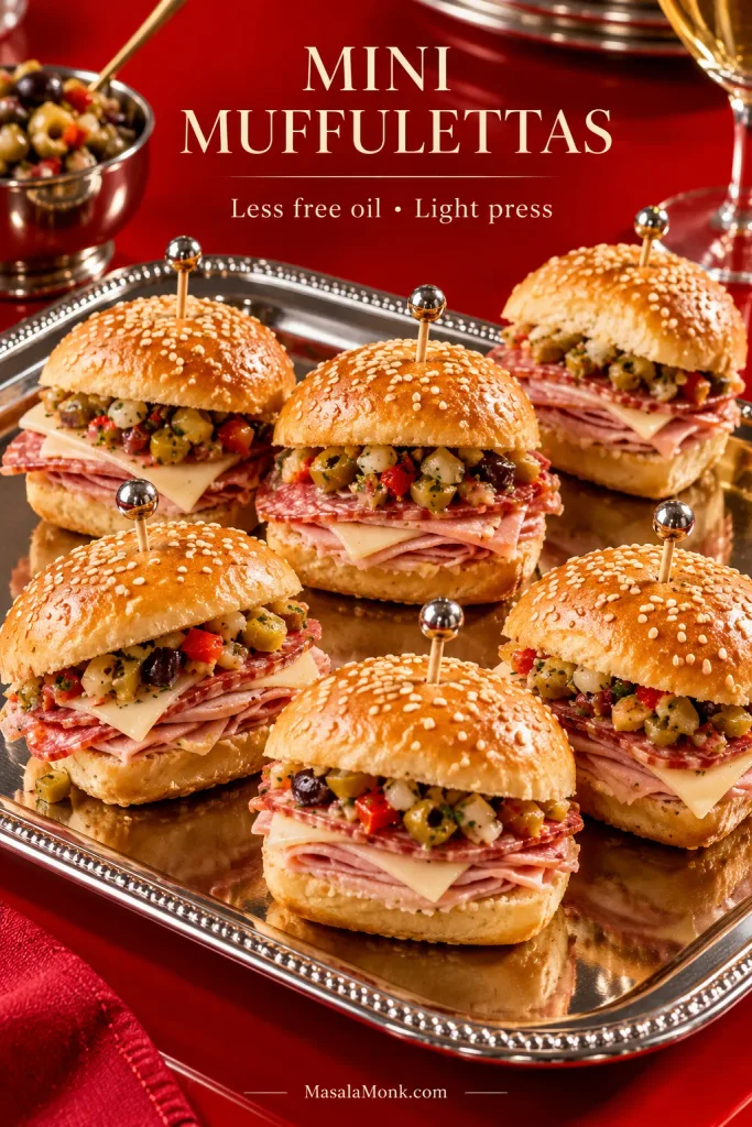 Six small sesame-roll muffulettas on a polished serving tray with cured meats, cheese and chopped olive salad visible inside.