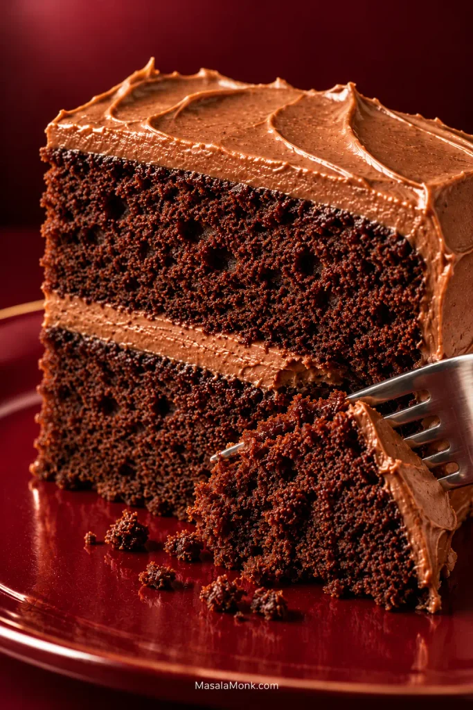 Close-up of chocolate cake crumb with small irregular pores as a fork breaks off a tender piece.
