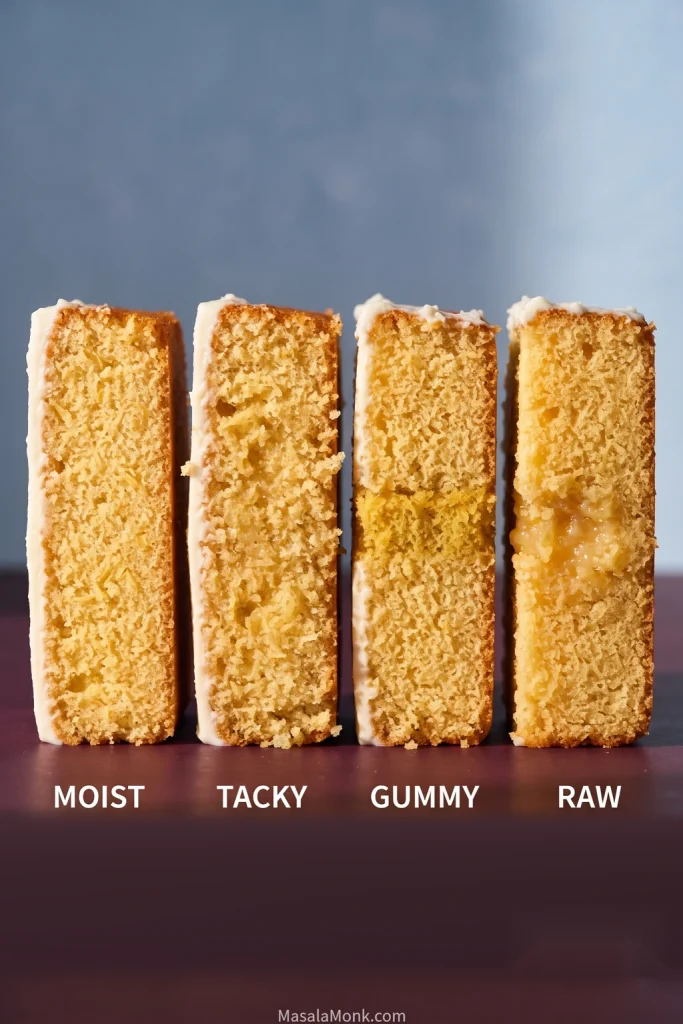 Four pineapple cake slices labelled Moist, Tacky, Gummy and Raw, comparing open crumb, surface tackiness, dense gummy crumb and visibly unset batter.