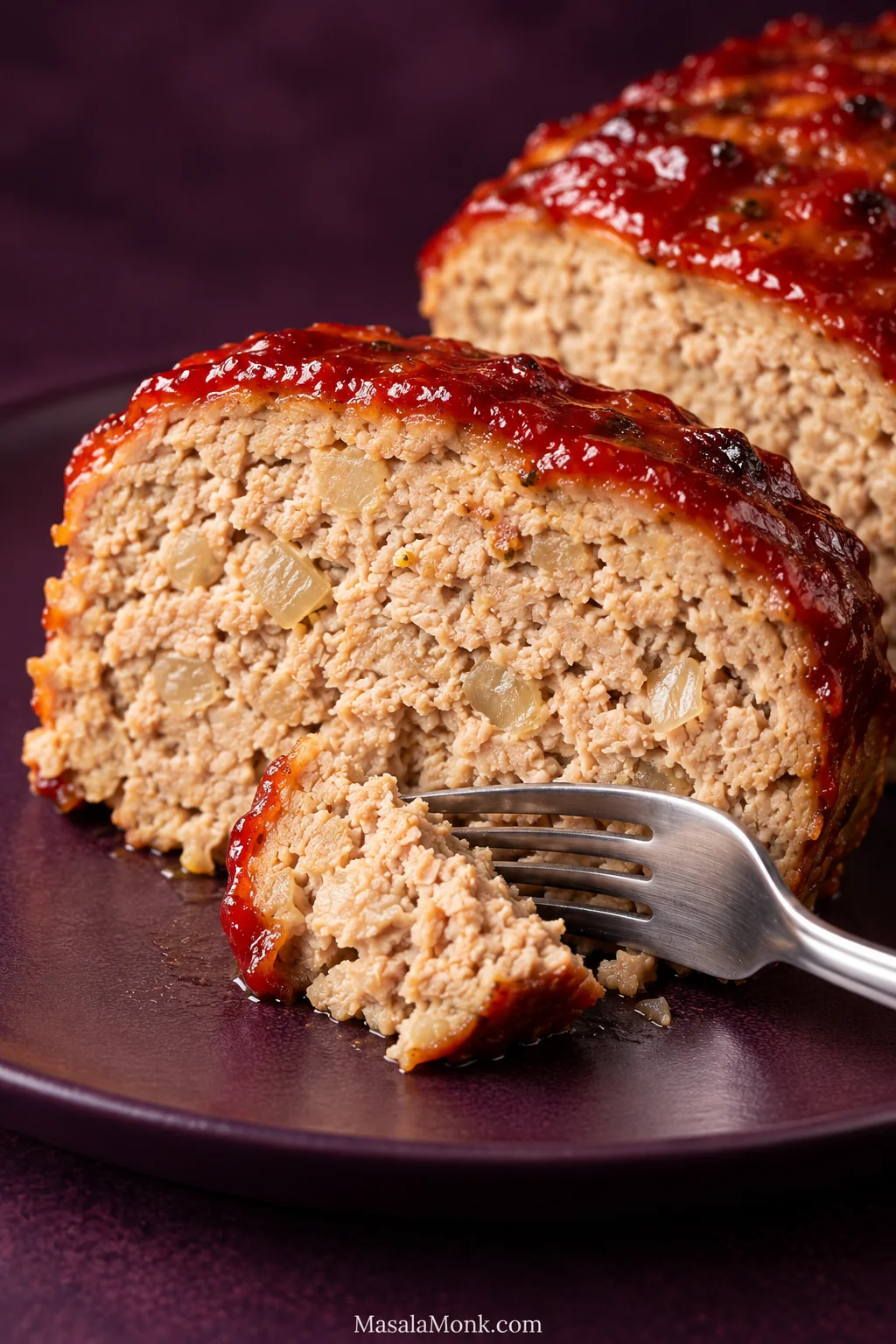 Close view of glazed turkey meatloaf with a thick cut face showing pale cooked ground turkey, softened onion pieces and a fork lifting a small bite.