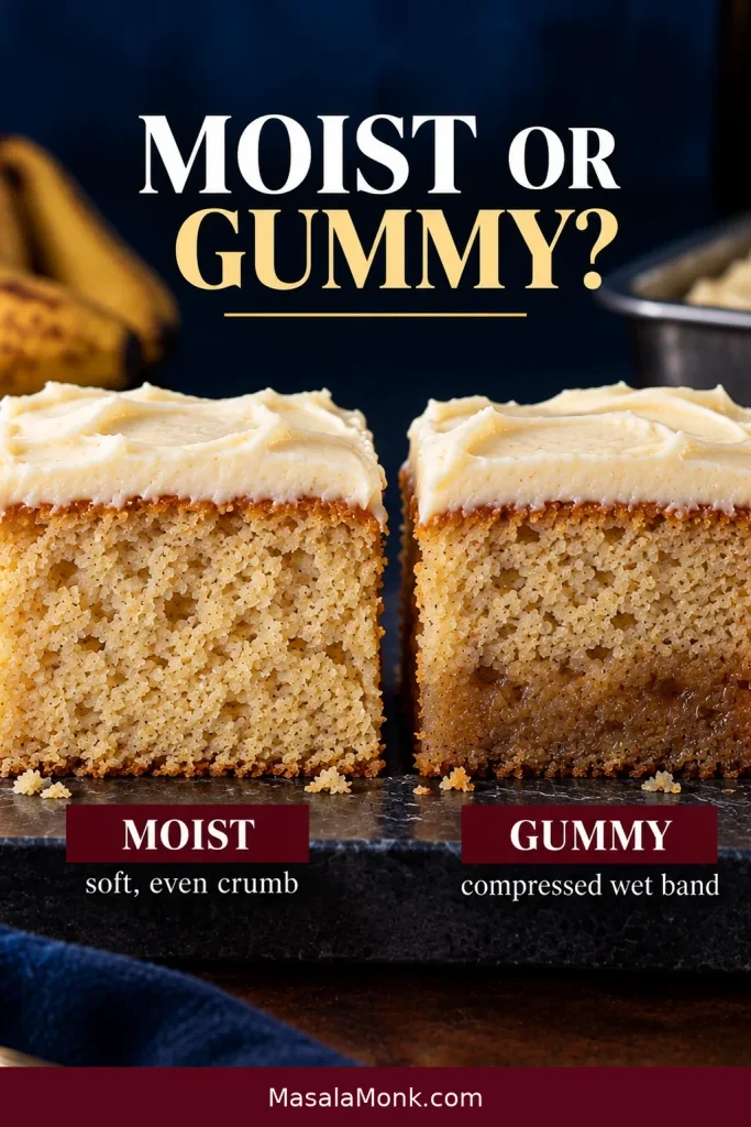 Two banana cake cross-sections compare an evenly set crumb with a second slice showing a darker, compressed band near the bottom.