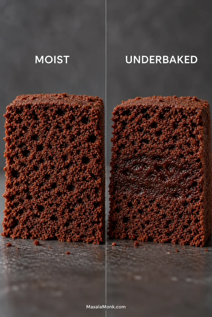 Side-by-side bare chocolate cake sections comparing an open moist crumb with a darker compressed underbaked center.