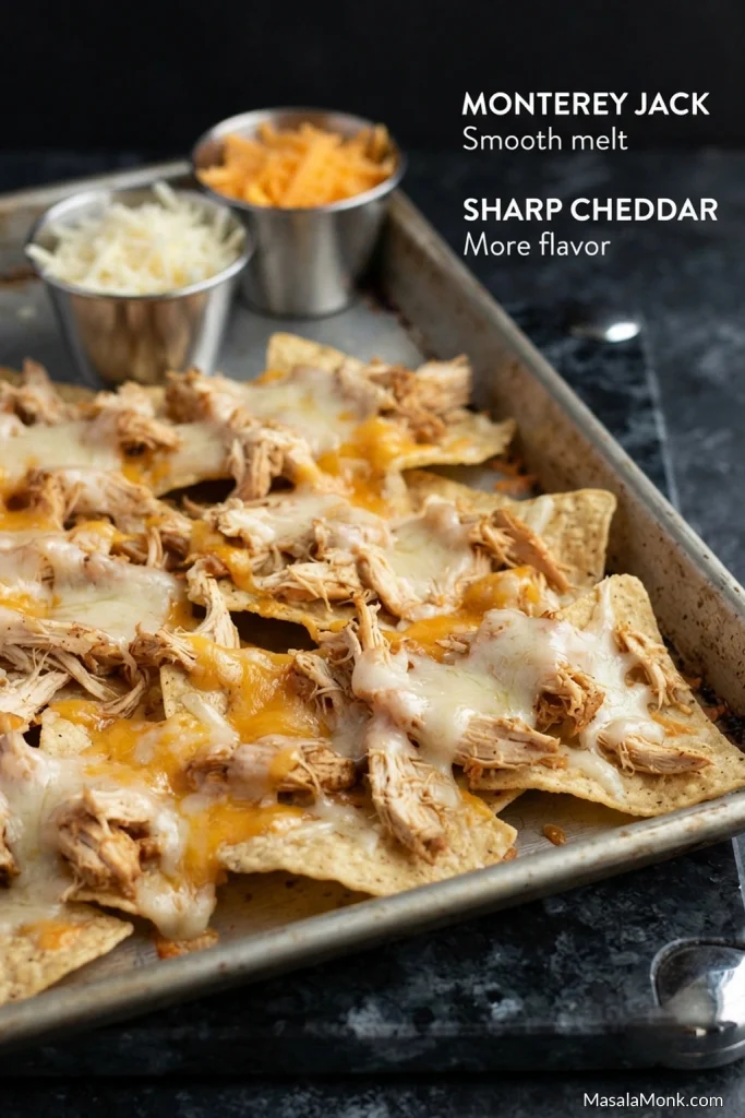 Chicken nachos covered with melted pale Monterey Jack and orange cheddar beside two small bowls containing the freshly grated cheeses.