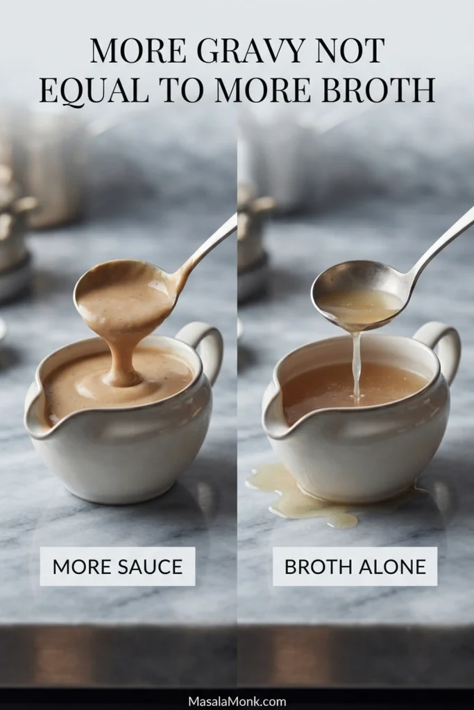 Two gravy samples compare thin sauce diluted with extra broth against thicker properly scaled Swedish meatball gravy that clings to a spoon.