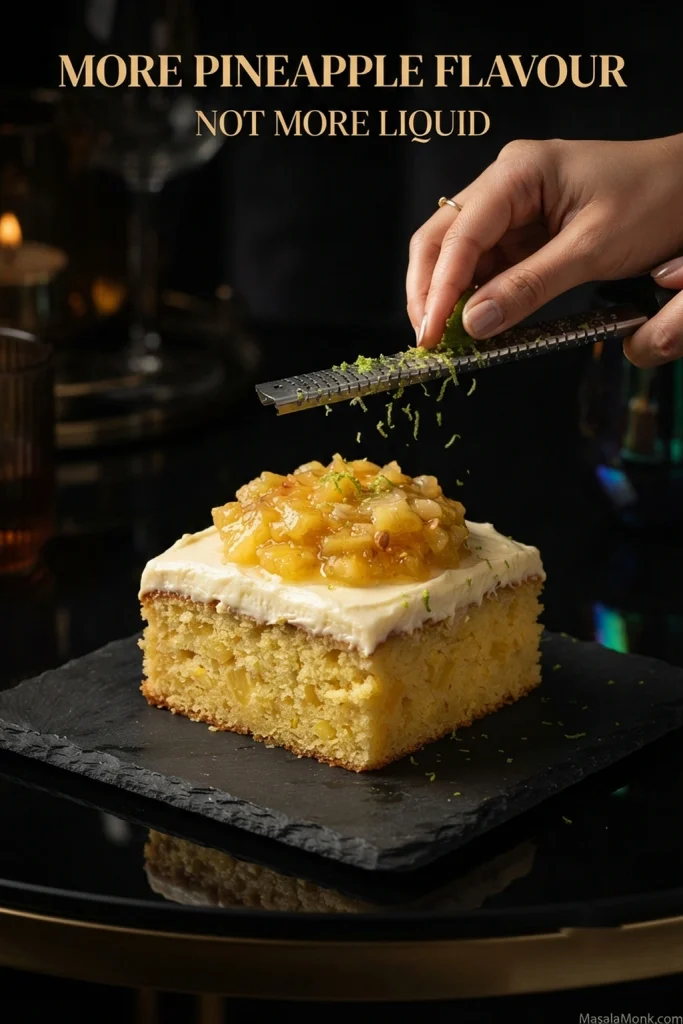 Frosted pineapple cake slice topped with thick crushed-pineapple sauce while fresh citrus zest is added above it.