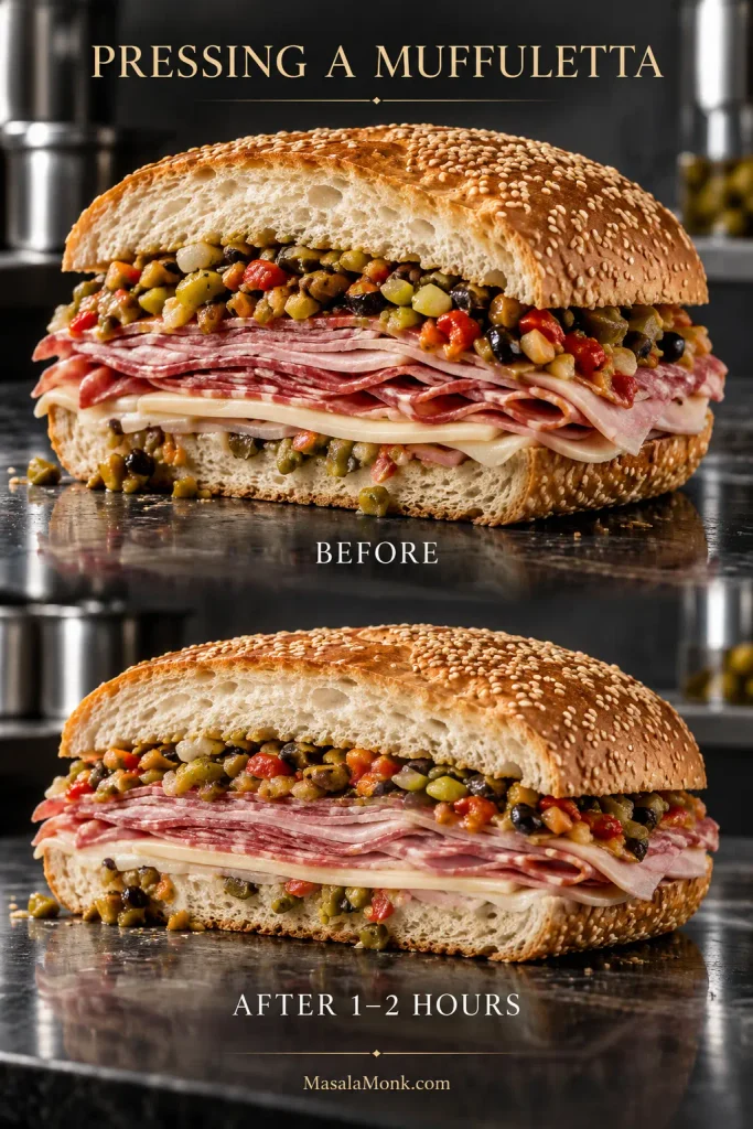 Same muffuletta shown before and after pressing, with the pressed sandwich lower and more compact but not crushed.
