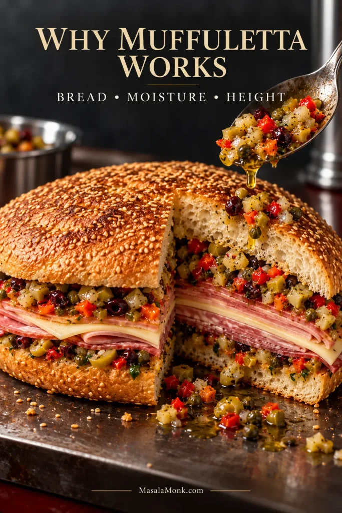 Low muffuletta beside a cut sesame loaf and spoonful of olive salad representing bread structure, moisture and sandwich height.