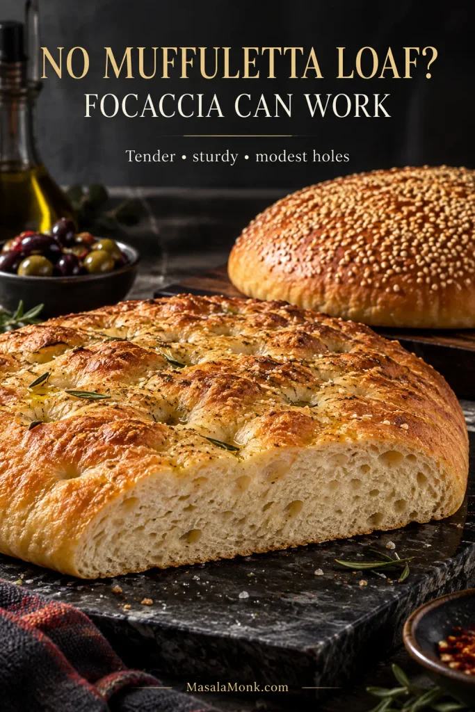 Low focaccia with modest air pockets beside a traditional round sesame muffuletta loaf.