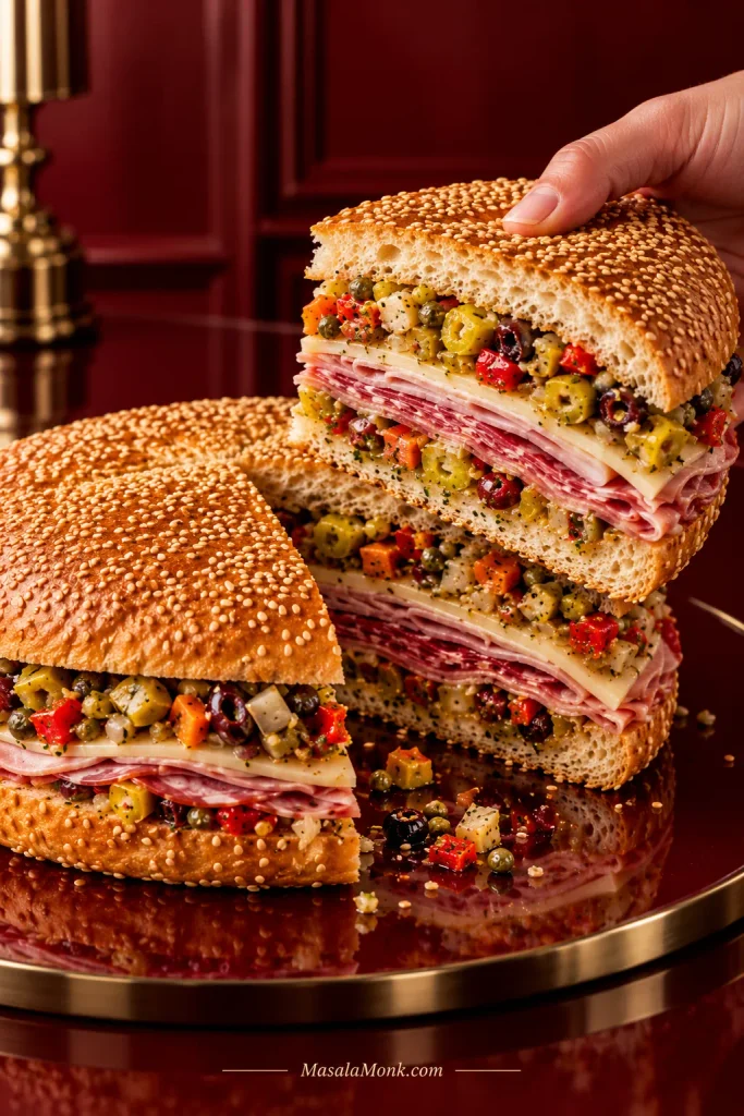 Hand lifting a muffuletta wedge with the olive salad, cheese and cured-meat layers remaining intact.