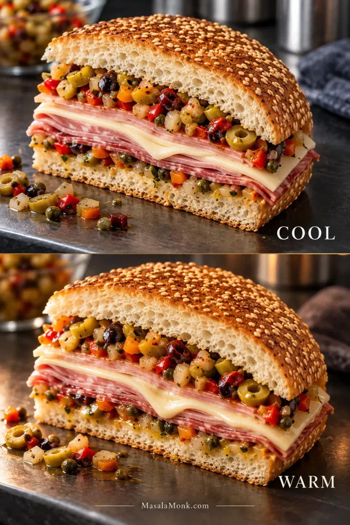 Matching muffuletta portions shown cool and gently warmed, with slightly softened cheese in the warm version and no browned crust.