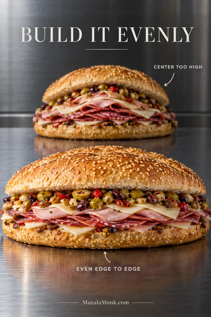 Comparison of one muffuletta with filling piled in the center and another with the filling spread evenly toward the edges.