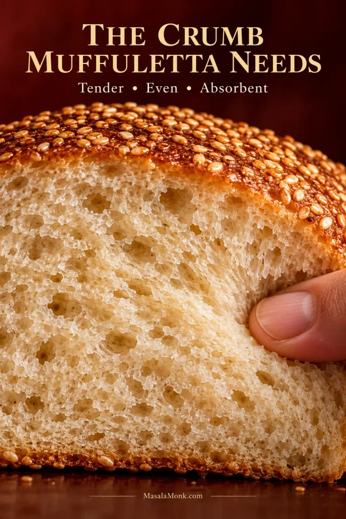 Extreme close-up of a sesame loaf showing a soft crumb with mostly small and medium air pockets.