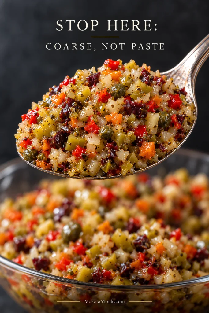 Spoonful of finely chopped green and dark olives, peppers, giardiniera and capers coated with herbs and oil.