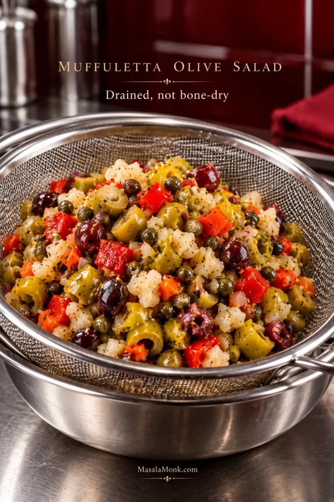 Chopped olives and pickled vegetables draining in a metal strainer with liquid collecting underneath.