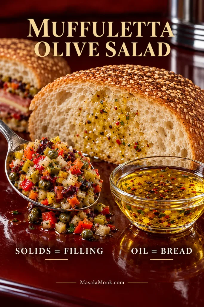 Spoonful of chopped olive salad beside a small bowl of seasoned oil and an open sesame loaf.