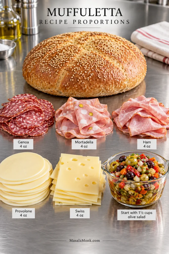 Muffuletta ingredients arranged to show the relative amounts of sesame bread, cured meats, cheeses and olive salad used for one sandwich.