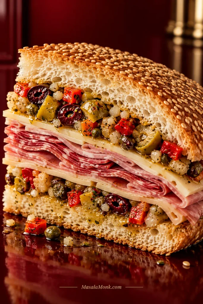 Extreme close-up of a muffuletta cross-section with distinct layers of sesame bread, olive salad, cheese and folded deli meats.