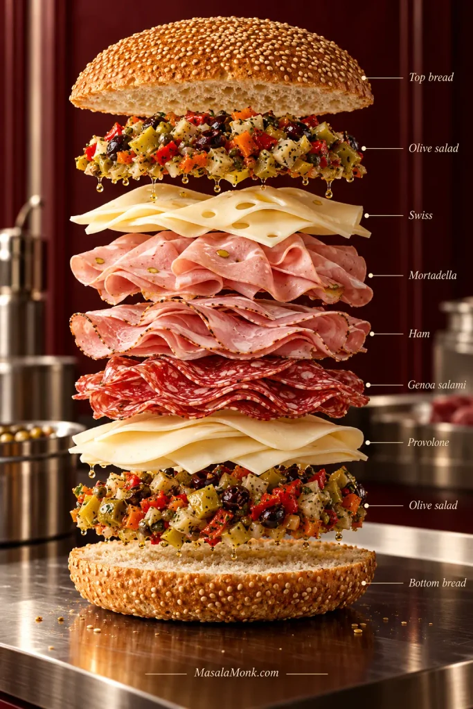 Exploded muffuletta showing sesame bread, olive salad, sliced cheese and folded cured-meat layers separated vertically.