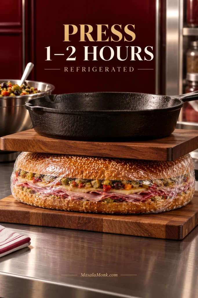 Wrapped muffuletta beneath a flat board and broad weight during refrigerated pressing.
